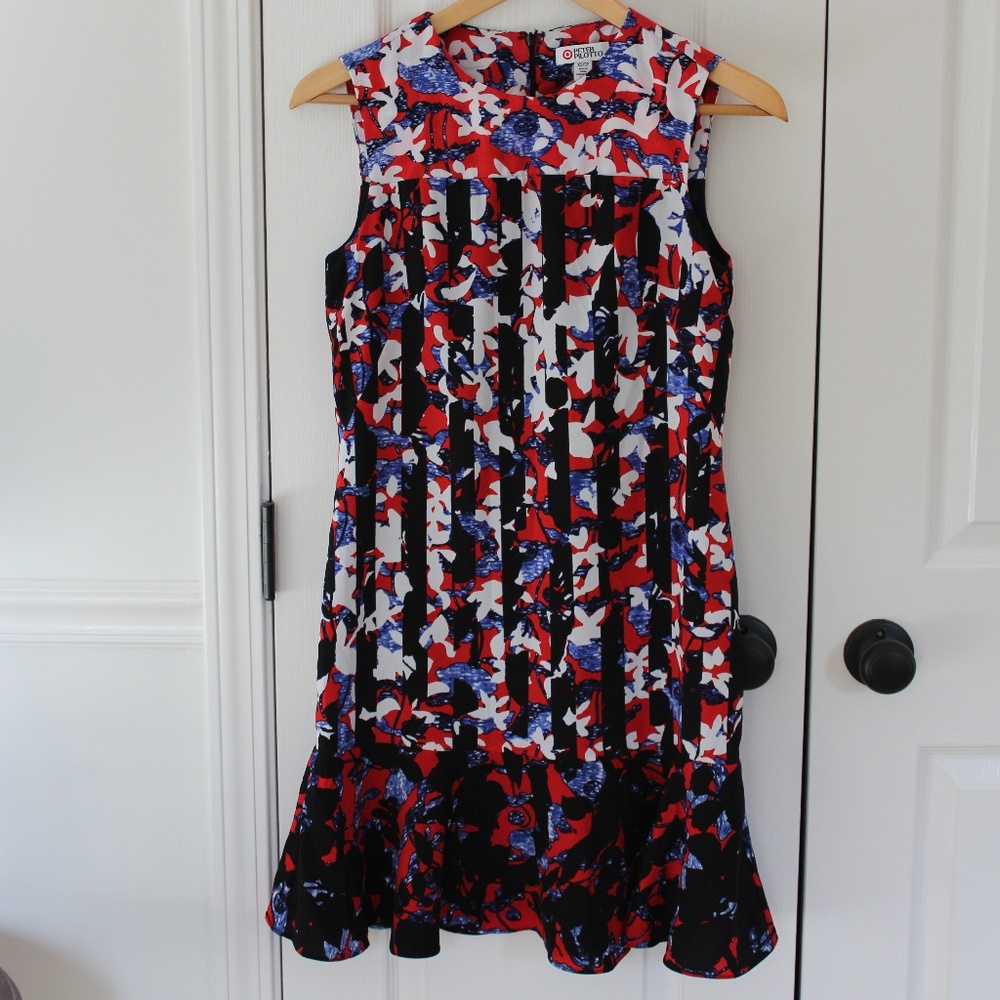 Peter Pilotto for Target Floral Crepe Sheath Dress Fluted Hem Black Red